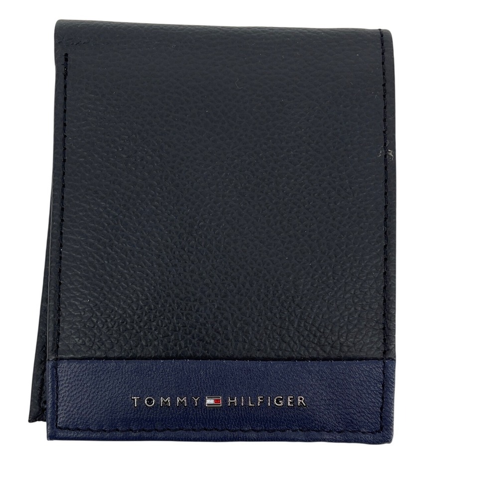 Tommy Hilfiger Bifold Wallet Mens OS Black Navy Blue Excellent Leather ID Window